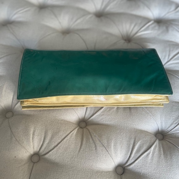 Auth Prada Ombre Turquoise/Yellow Patent Leather Clutch w/mirror Satin Purse bag - Picture 5 of 15